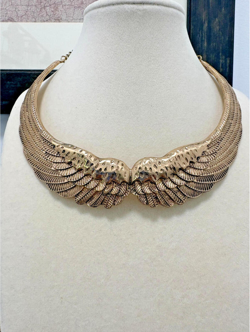 Gold Tone Angel Wing Solid Collar Choker Necklace 14" - 16" Steampunk